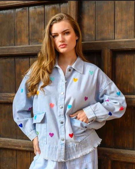 Denim Jacket with Hearts - Chic Life