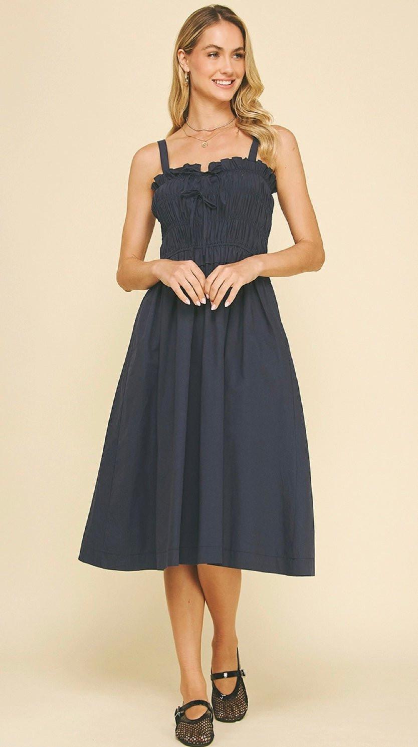 Front - Tie Detailed Smocking Midi Dress - chic life.com