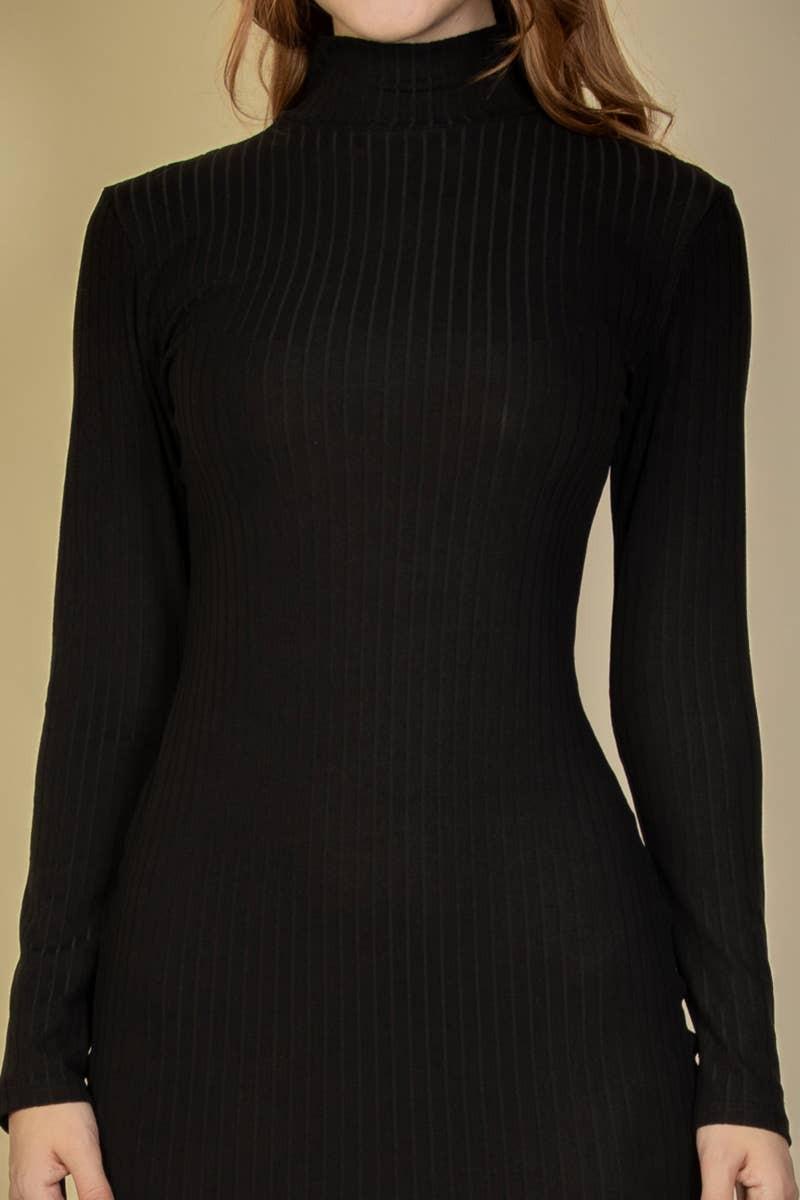Ribbed Mock Neck Long Sleeve Bodycon Midi Dress: BLACK / S - chic life.com